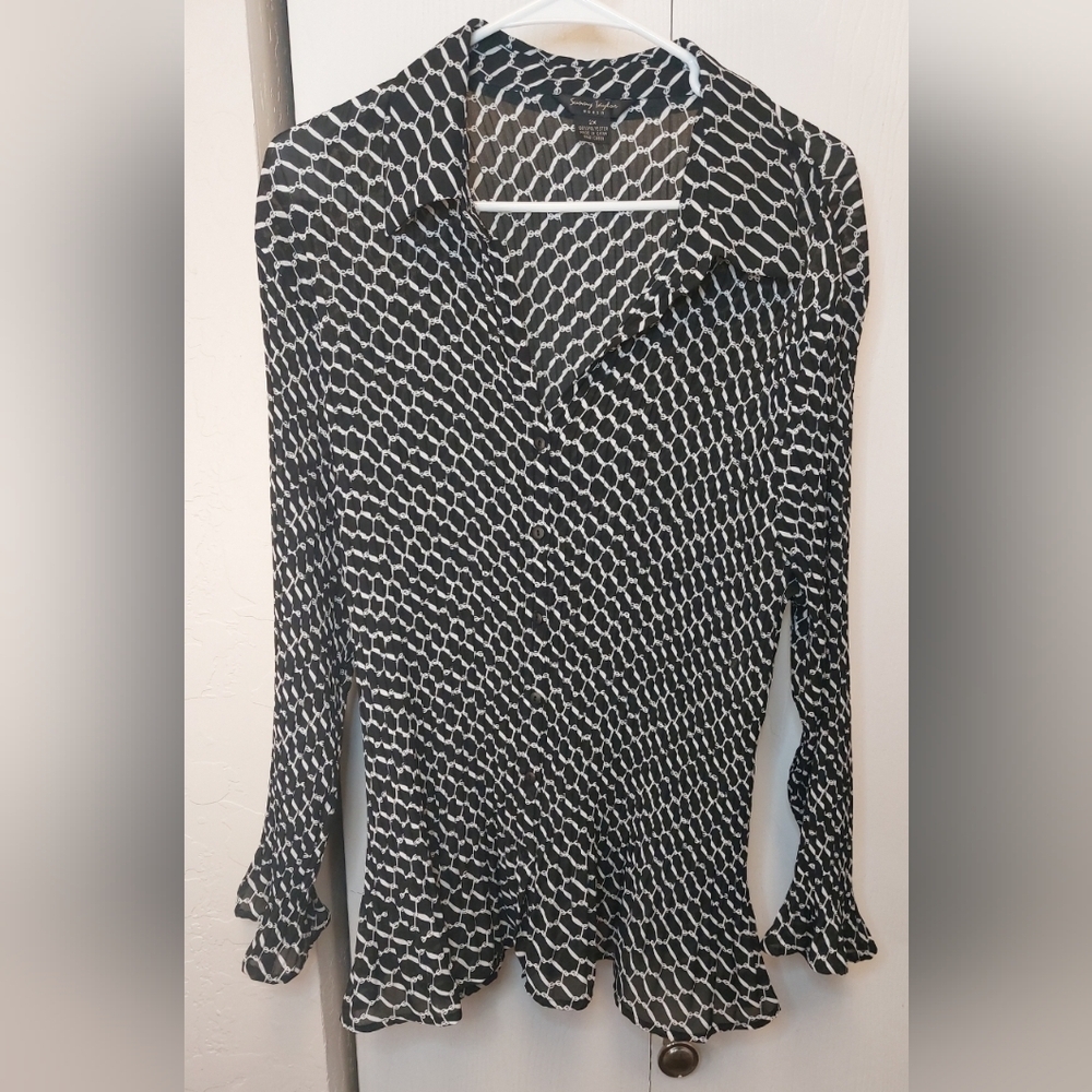 Sunny Taylor Crinkle Pleated Button Up Blouse Size 2X Preppy Professional Top